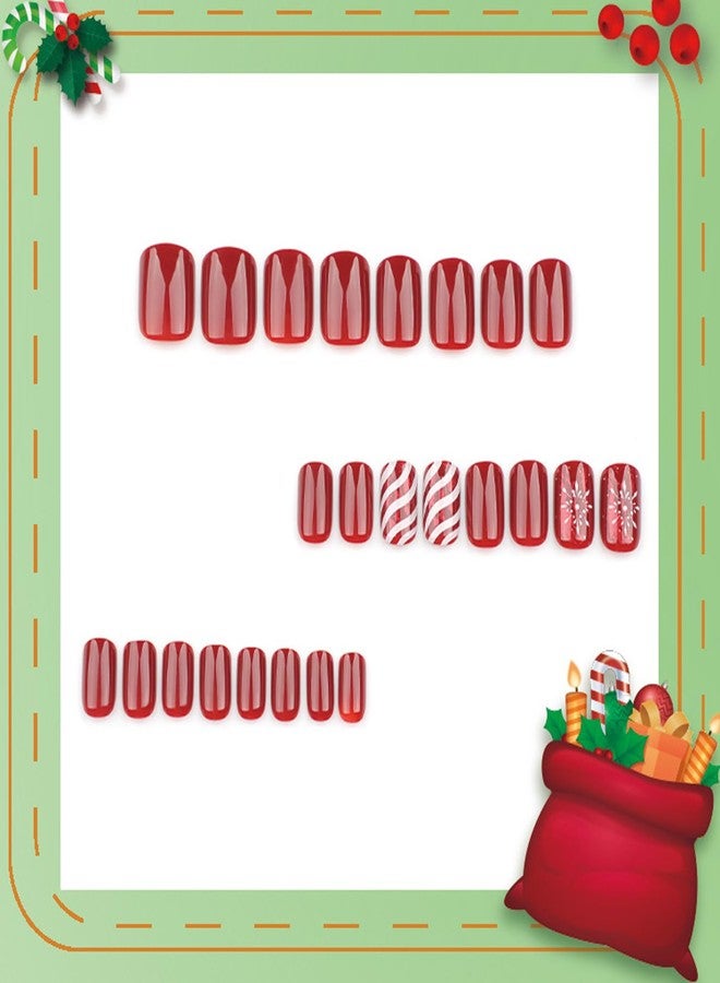Vopintpy Winter Christmas Press on Nails White Snowflake Stripe Fake Nails Short Square Red Solid Color Glue on Nails Glossy Xmas Stick on Nails for Women DIY Manicure Decor - Image 4